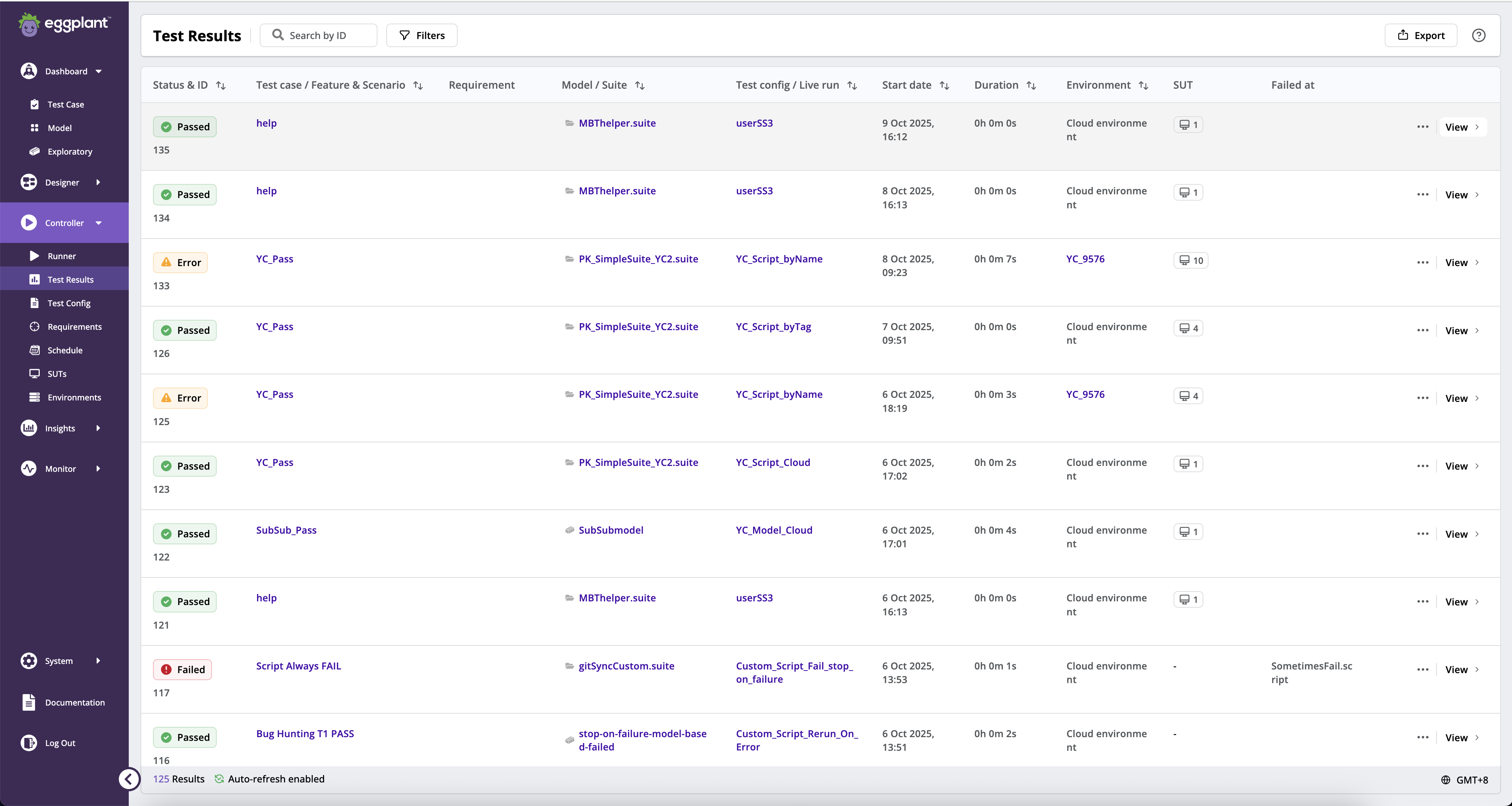 Test Results showing all Run Statuses