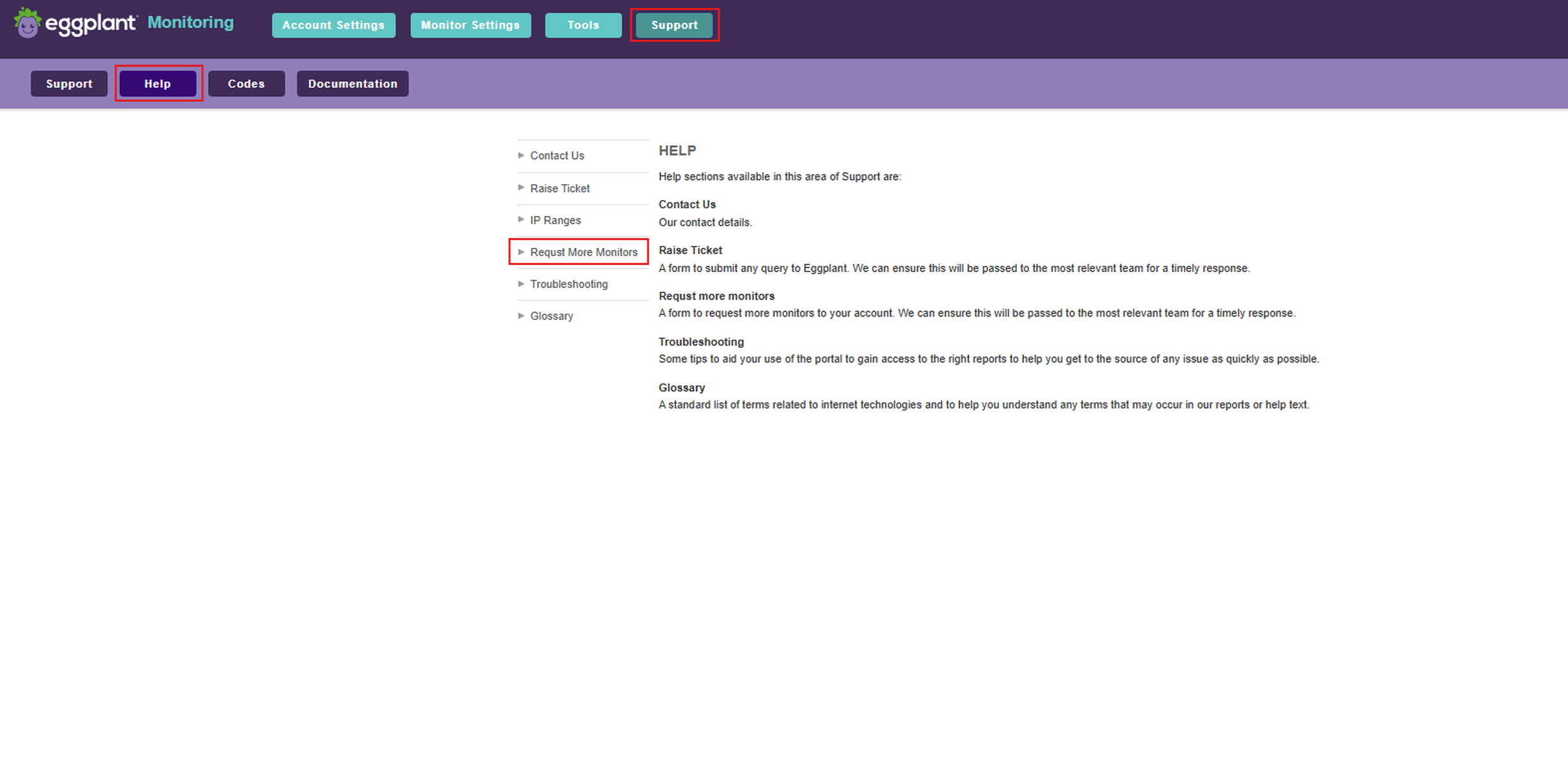 Initiating an API monitor request through the Support section