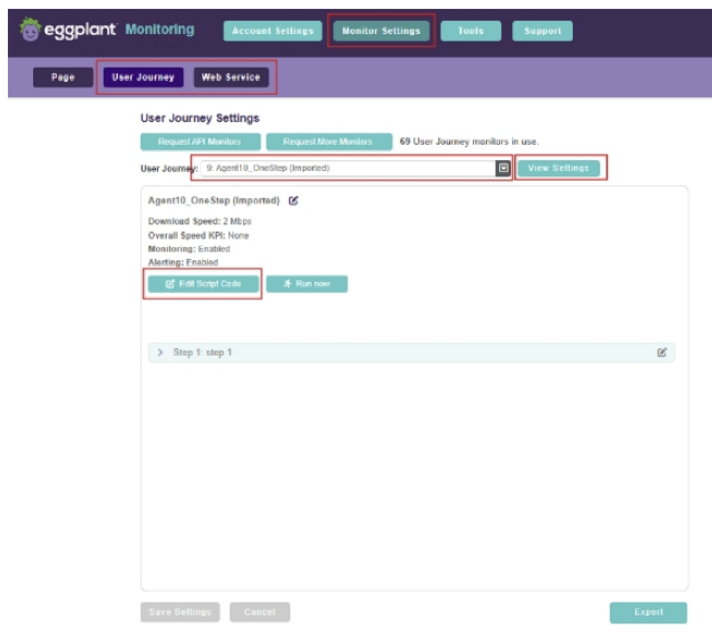 The User Journey / Web Service page where you can select a user journey script to edit and then export it from the Edit script Code page (shown below)