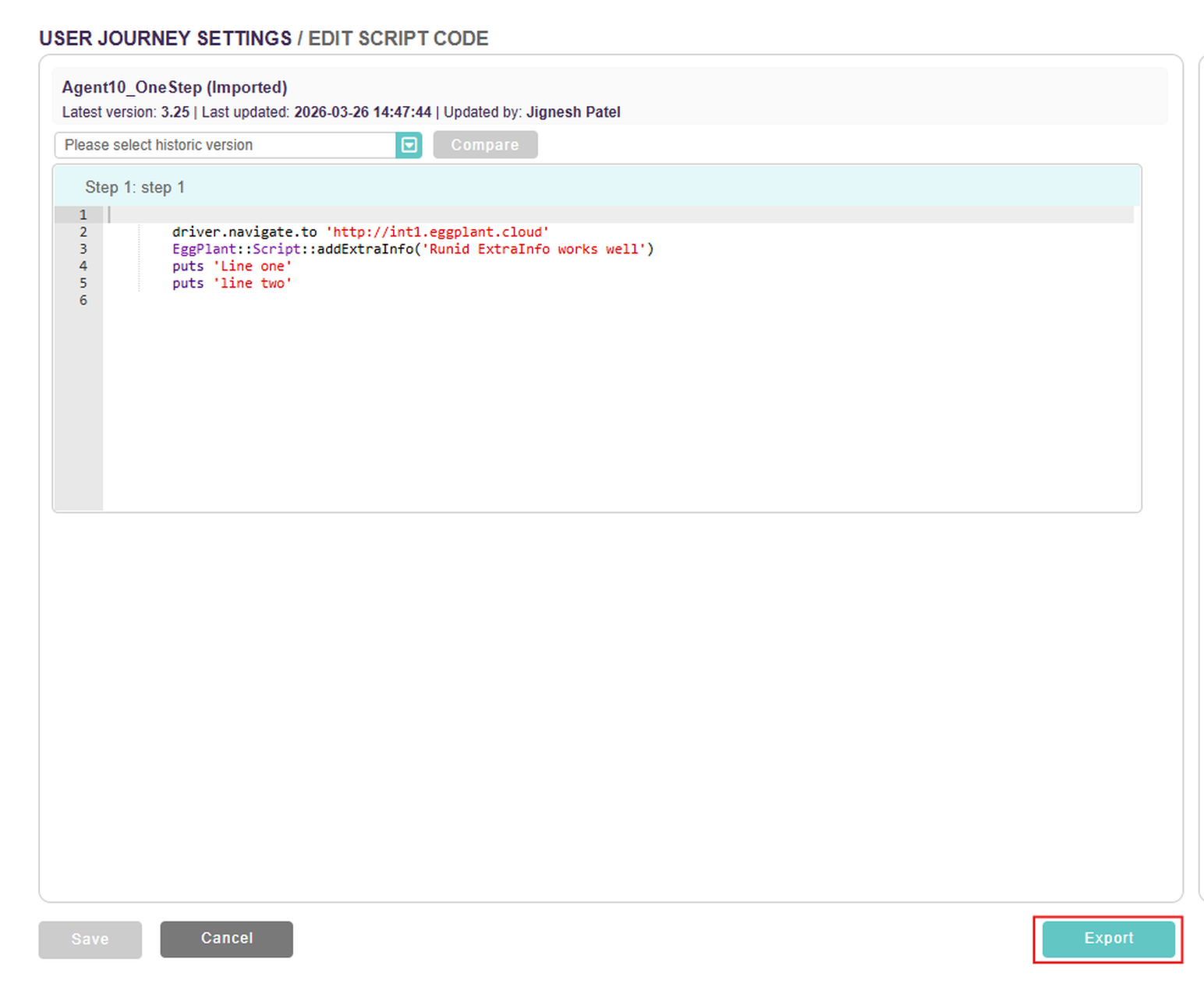 The script Export button on the Edit Script Code page