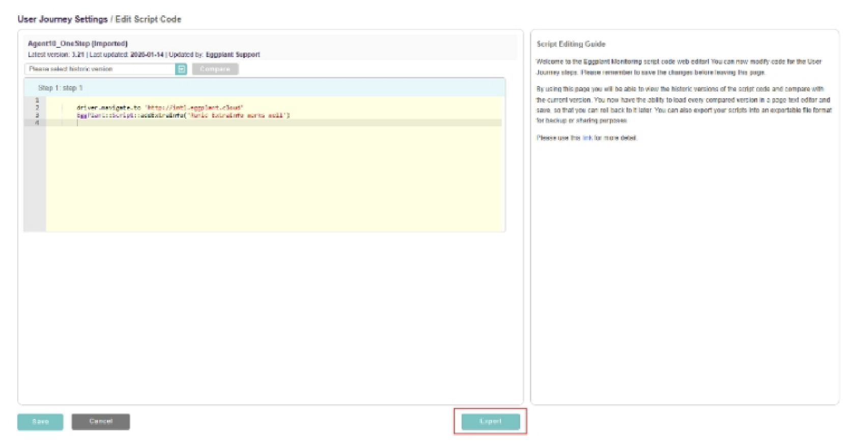 The script **Export** button on the Edit Script Code page