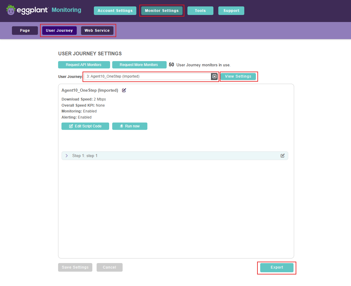 The script Export button on the User Journey / Web Service page