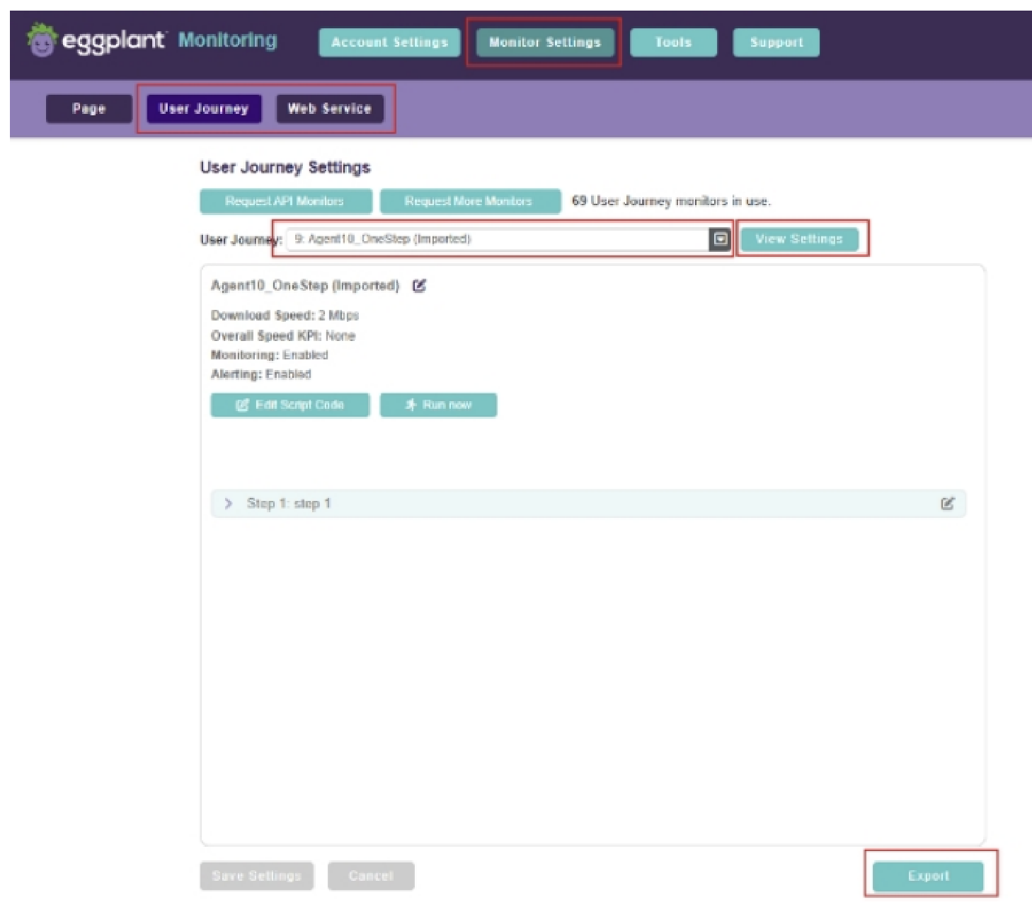 The script Export button on the User Journey / Web Service page