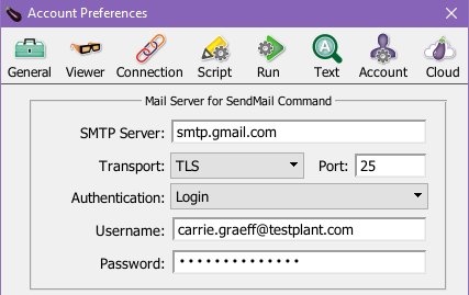 Gmail configuration in Eggplant Functional Preferences