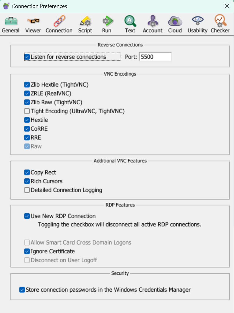 EPF Preferences Connections tab with the **Store connection passwords** option enabled