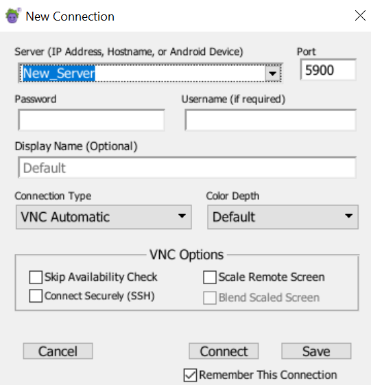 EPF New Connection panel default