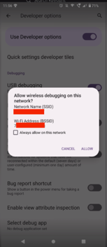 Prompt to Allow wireless debugging on the Android mobile device