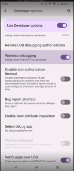 Wireless debugging enabled on the Android mobile device