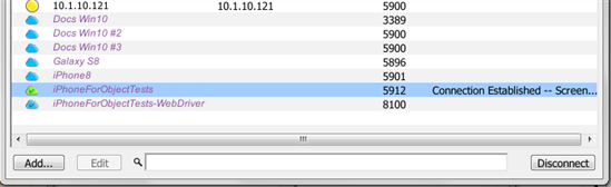 Mobile WebDriver connections from Eggplant Automation Cloud shown in the Eggplant Functional Connection List