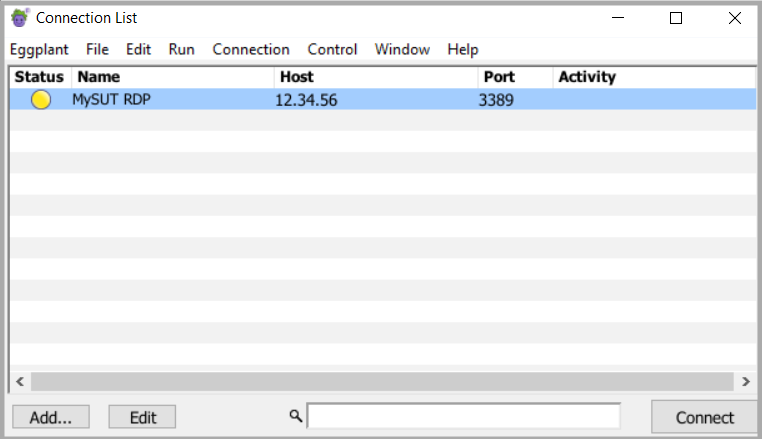 The Eggplant Functional Connection List with a defined RDP connection