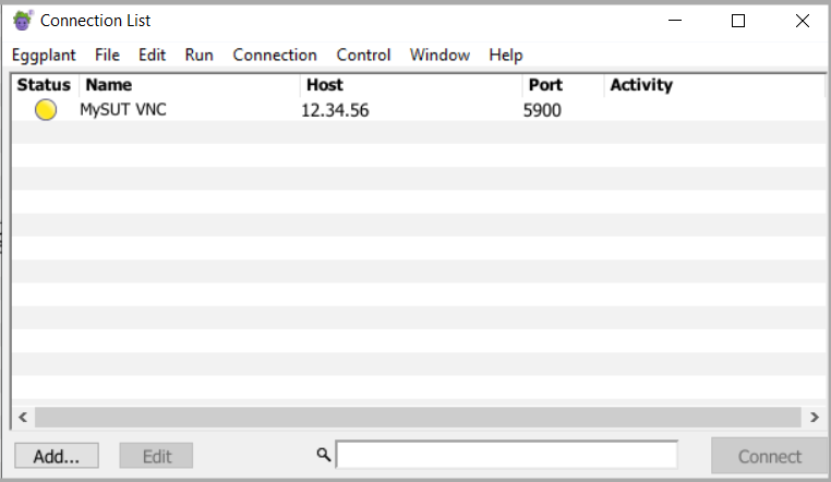 The Eggplant Functional Connection List with a defined VNC connection