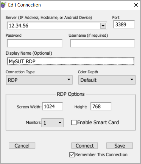 The New Connection dialog box for creating an RDP SUT connection in Eggplant Functional