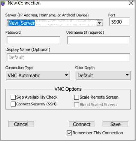The New Connection dialog box for creating a VNC SUT connection in Eggplant Functional