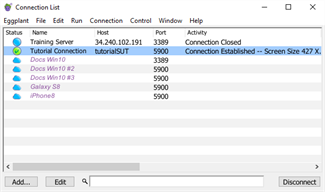 The Connection List in Eggplant Functional with saved SUTs