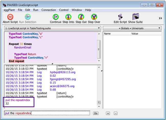 Commands entered in the AHDB show in the Log area of the Run window