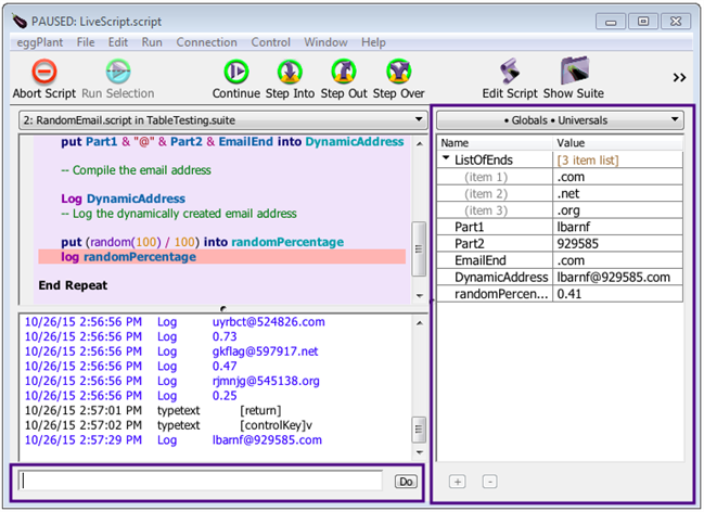 The Eggplant Functional Run window includes the Ad Hoc Do Box (AHDB) and Variable Watcher for script debugging