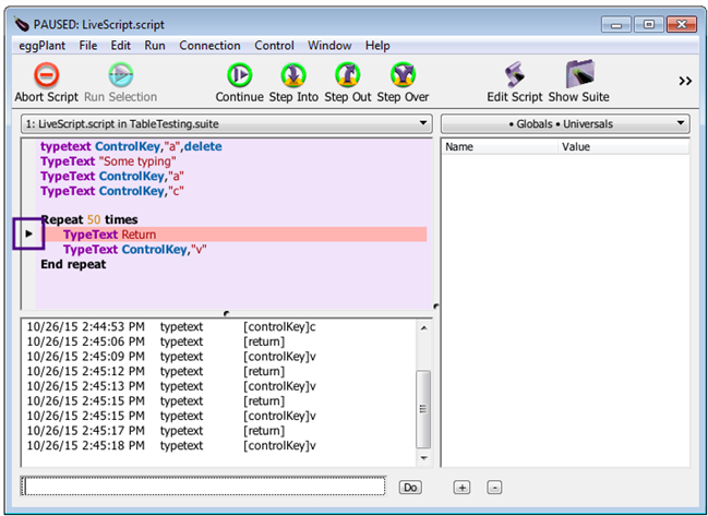 Dynamic breakpoints appear as black triangles to the left of the script line on which they are set