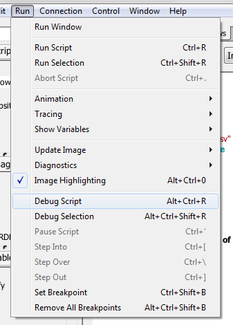Selecting debug mode from the main menu