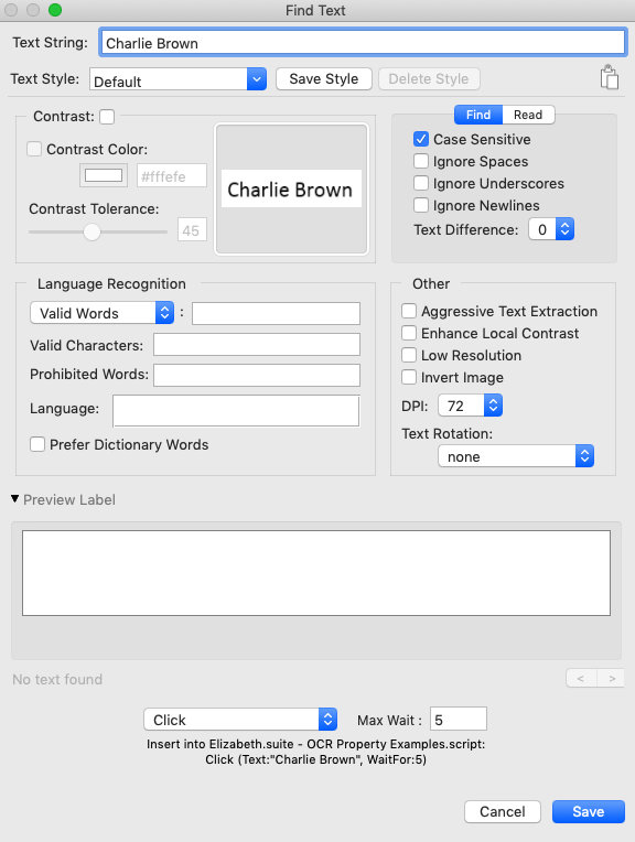 Find Text panel in Eggplant Functional