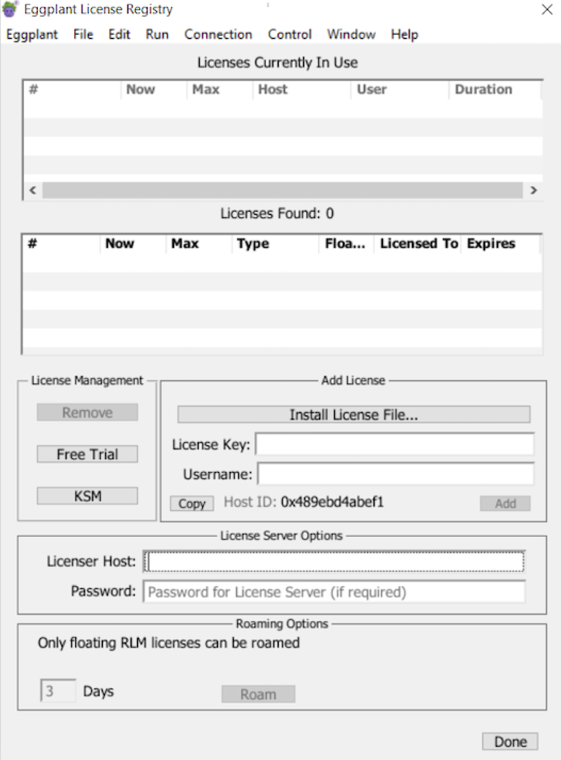 The Eggplant License Registry Panel