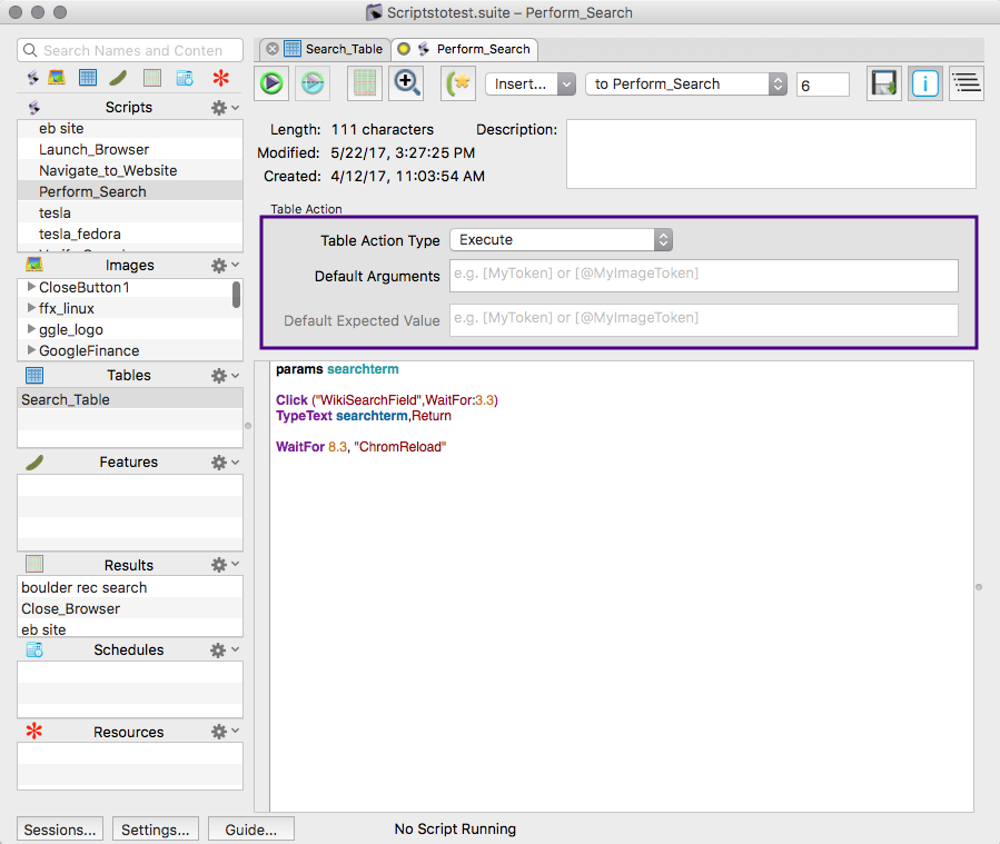 The Table Action pane in the Script Editor, where you set scripts as table actions
