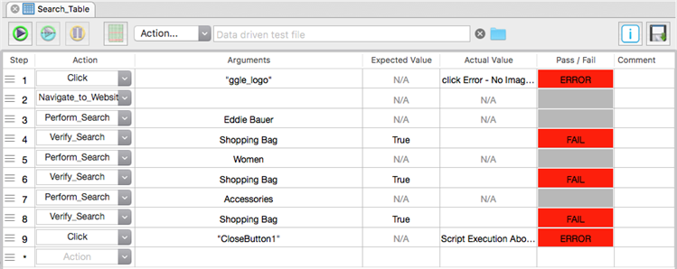 An eggPlant Functional table set up to search and verify a series of search terms