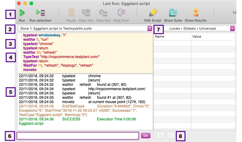 The Eggplant Functional Run window