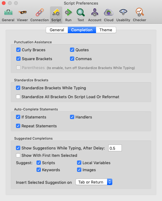 The Script Completion preferences tab in Eggplant Functional