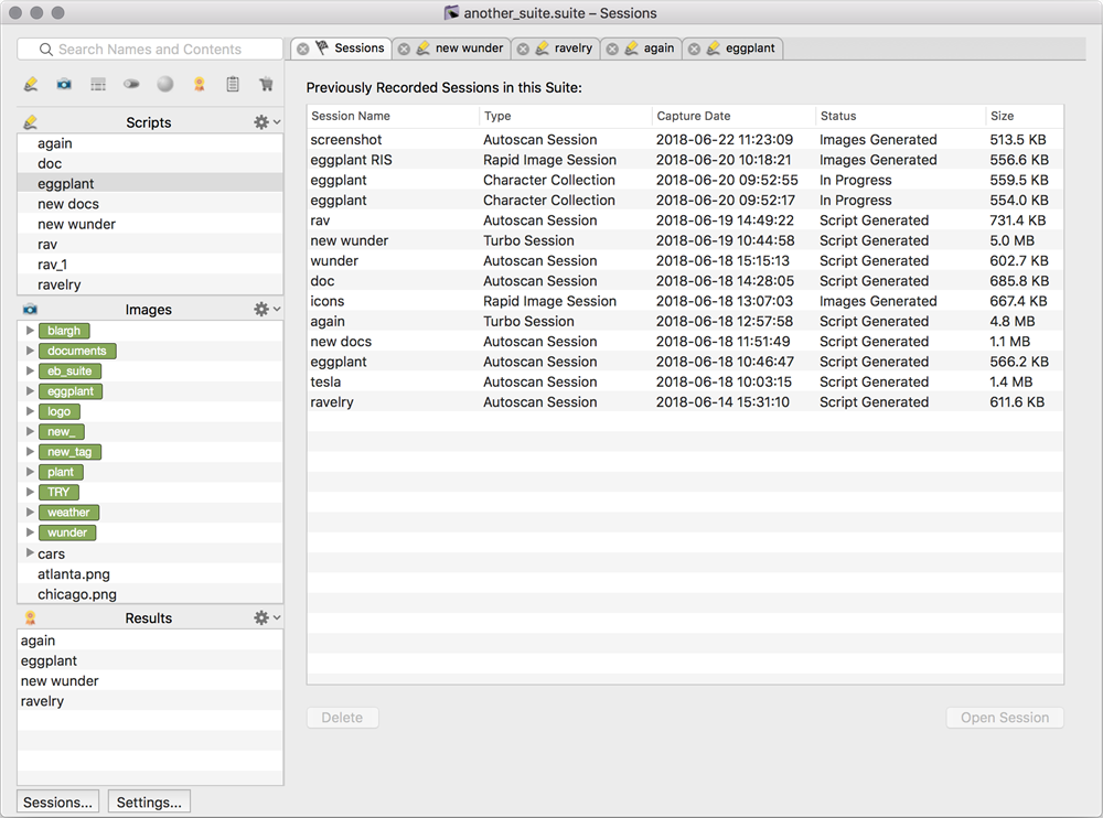 The Eggplant Functional Sessions tab