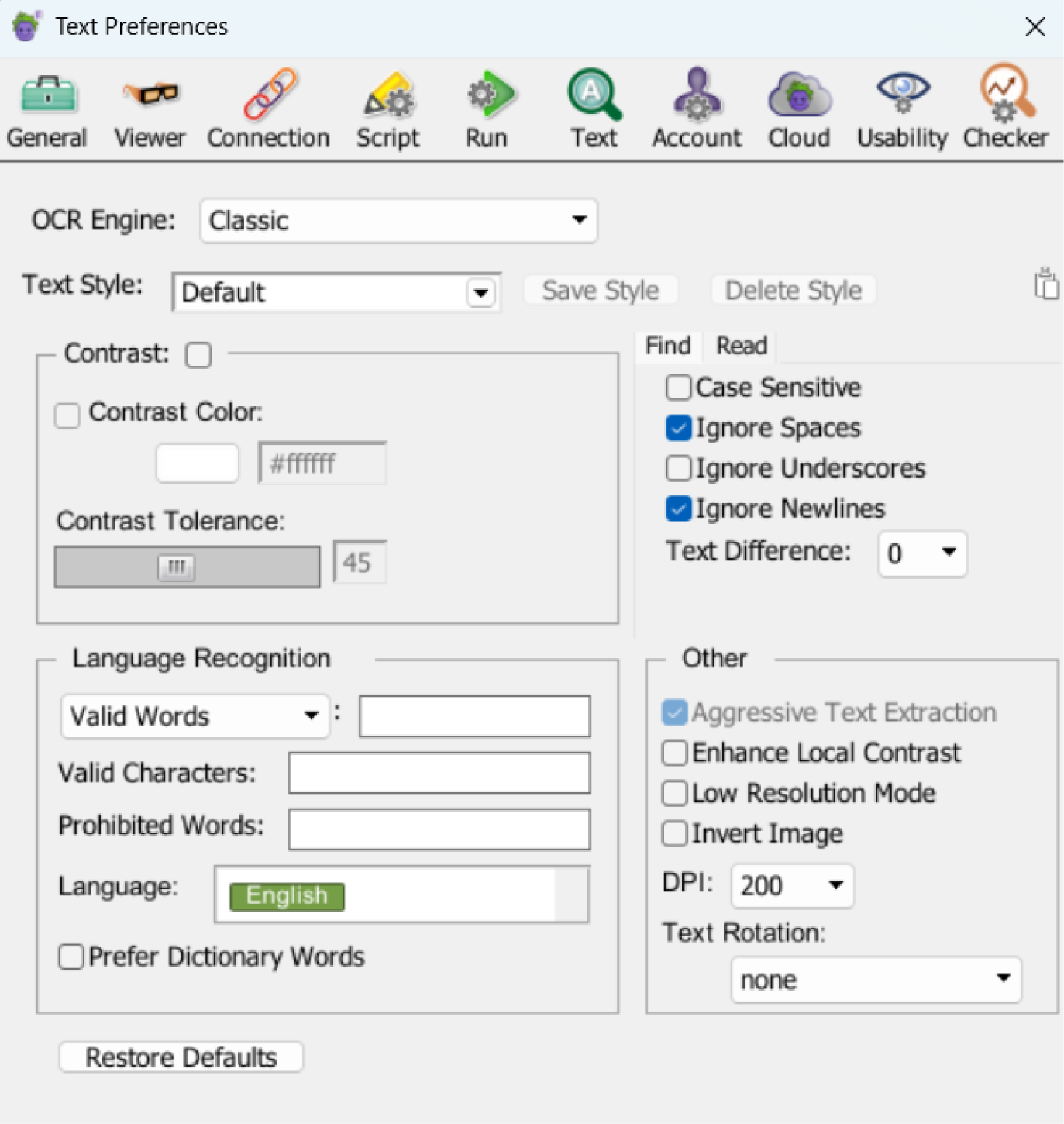 Text Preferences panel in Eggplant Functional