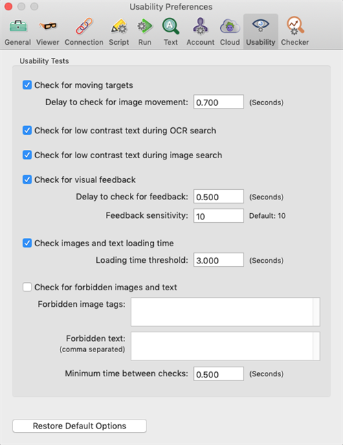 The Usability Preferences tab in Eggplant Functional
