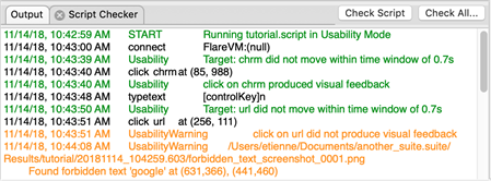 Usability test results in the Eggplant Functional Output pane