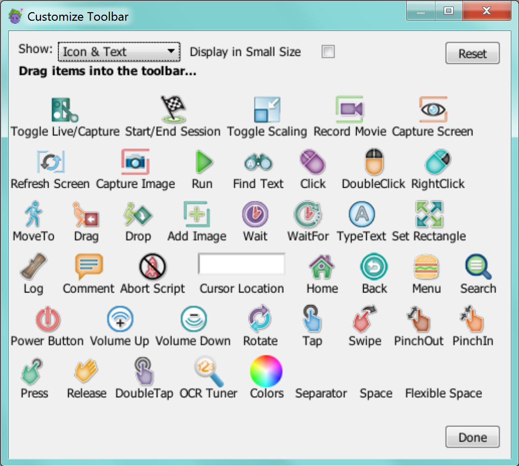 The Customize Toolbar panel