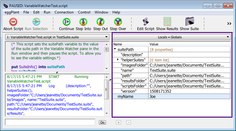 The Variable Watcher pane in the Eggplant Functional Run window