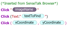 Sample Click commands with tokens inserted into a script from the SenseTalk Browser