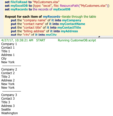 A script accessing an Excel file with customer information