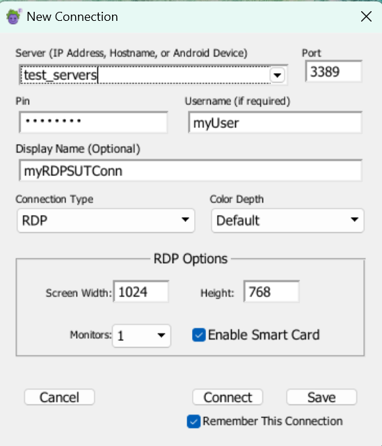 The New Connection panel for RDP in EPF has a **Monitors** drop-down menu