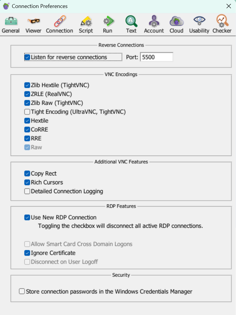 EPF Preferences Connections tab with the **Store connection passwords** option disabled