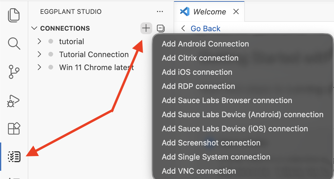 The Eggplant Studio **CONNECTIONS** view with the **+** (Add Connection) and Eggplant Studio buttons highlighted