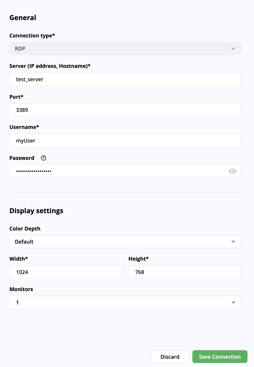 The New Connection panel for an RDP Connection in DAI