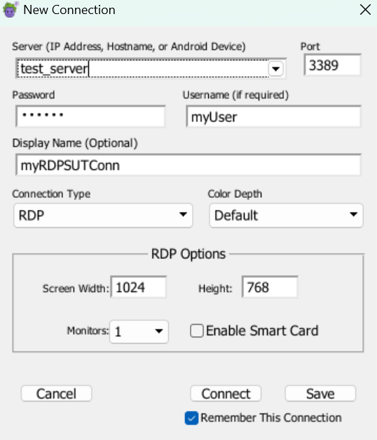 The New Connection panel for an RDP Connection in EPF