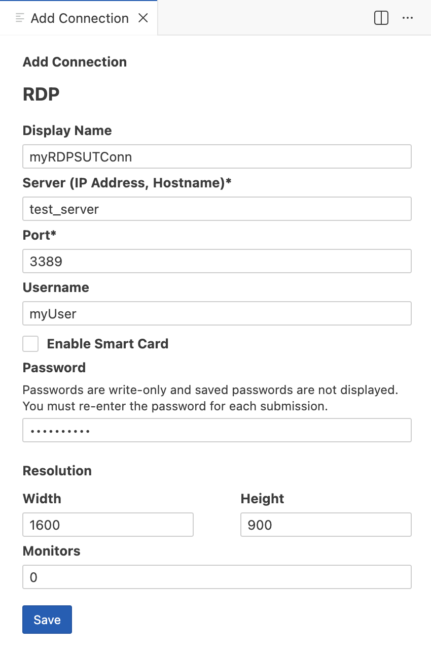 The New Connection panel for an RDP Connection in Eggplant Studio