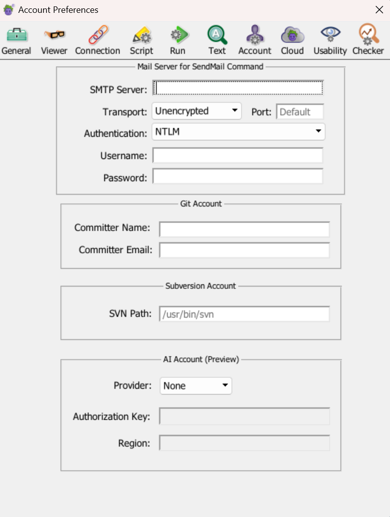 The Eggplant Functional Account Preferences panel