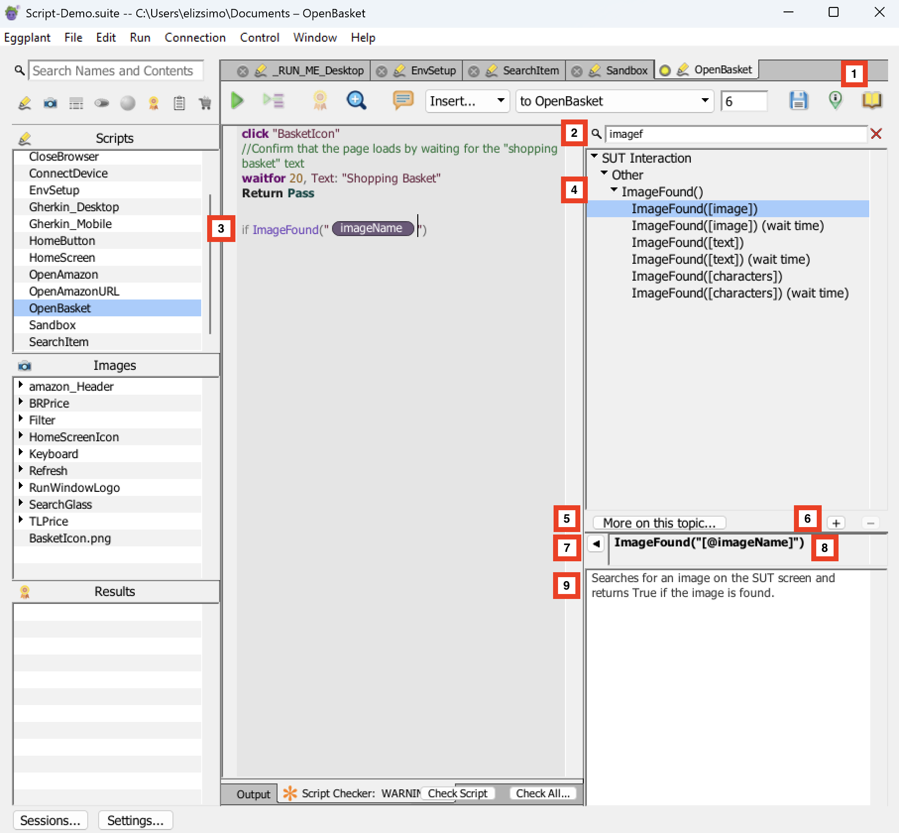 The SenseTalk Browser with the ImageFound topic selected