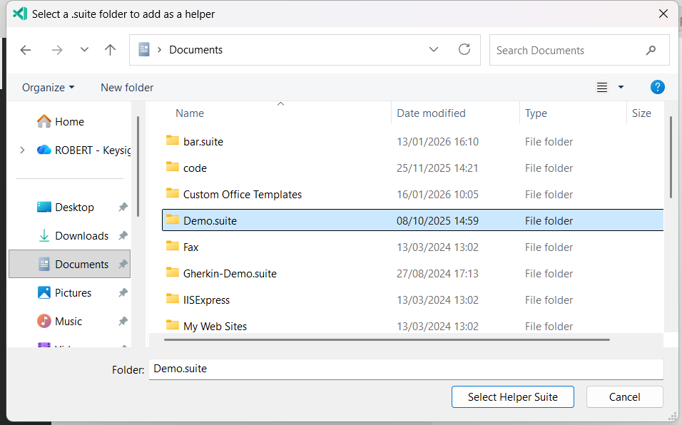 Helper suite folder selection