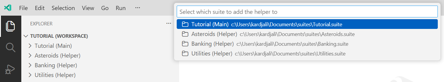Selecting the parent suite to add the helper to