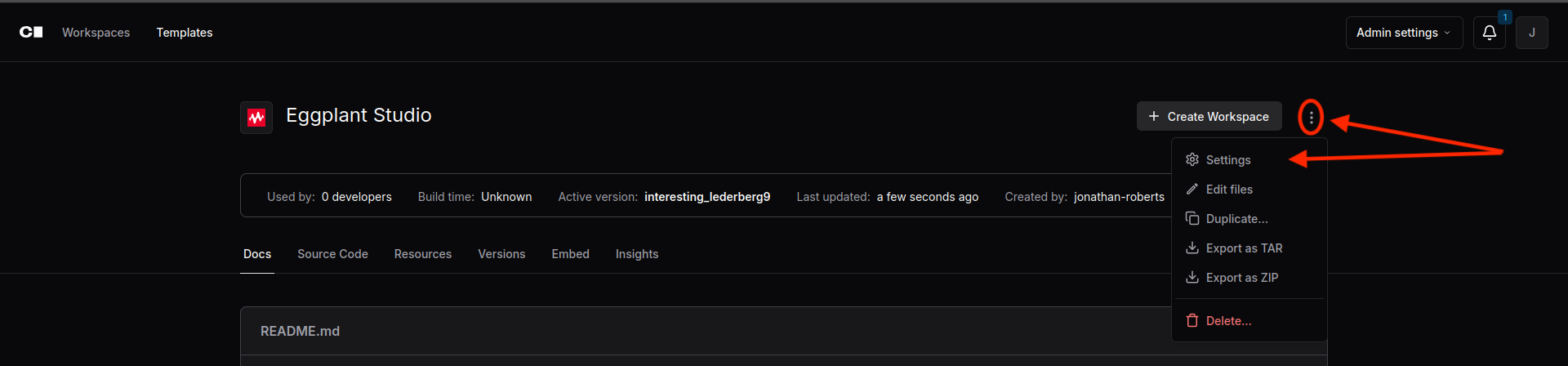 The drop-down menu in Coder where you can access the Settings
for an Eggplant Studio template