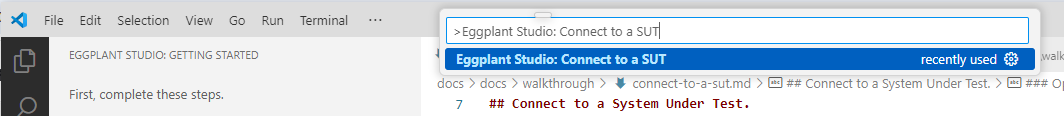 Run the command Eggplant Studio: Connect to a SUT 