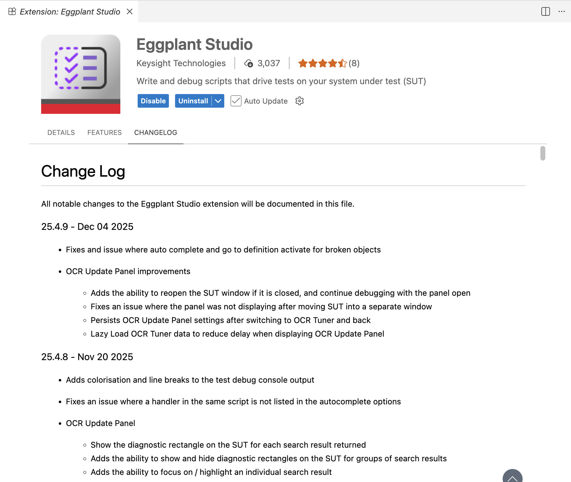 The Eggplant Studio extension page open in the VS Code Editor