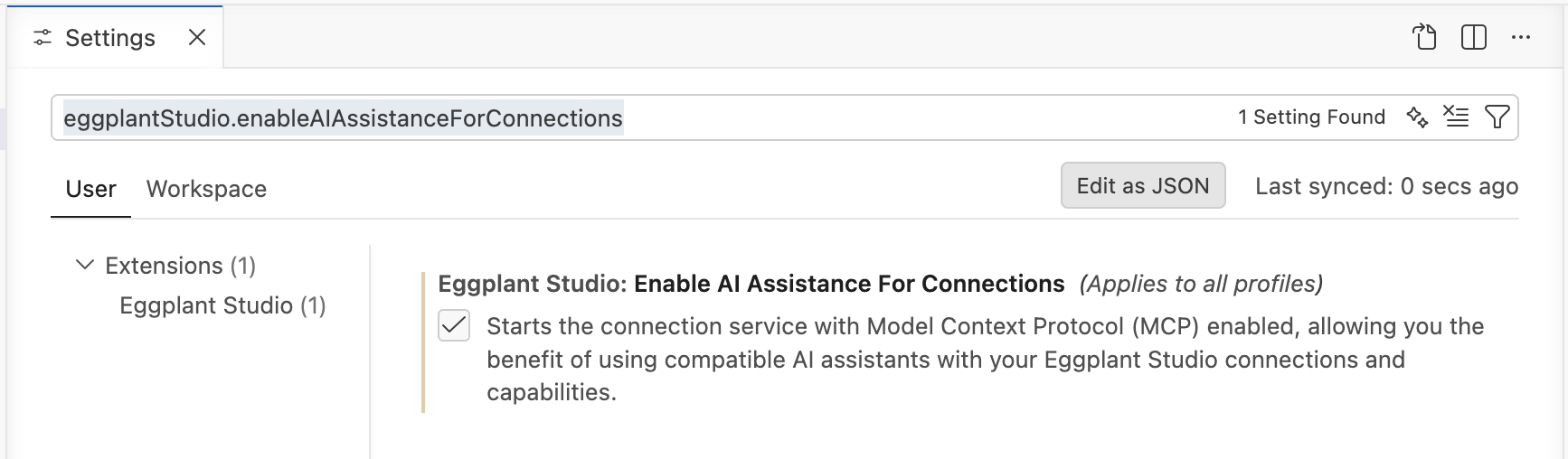 Eggplant Studio AI Assistance for Connections setting in VS Code